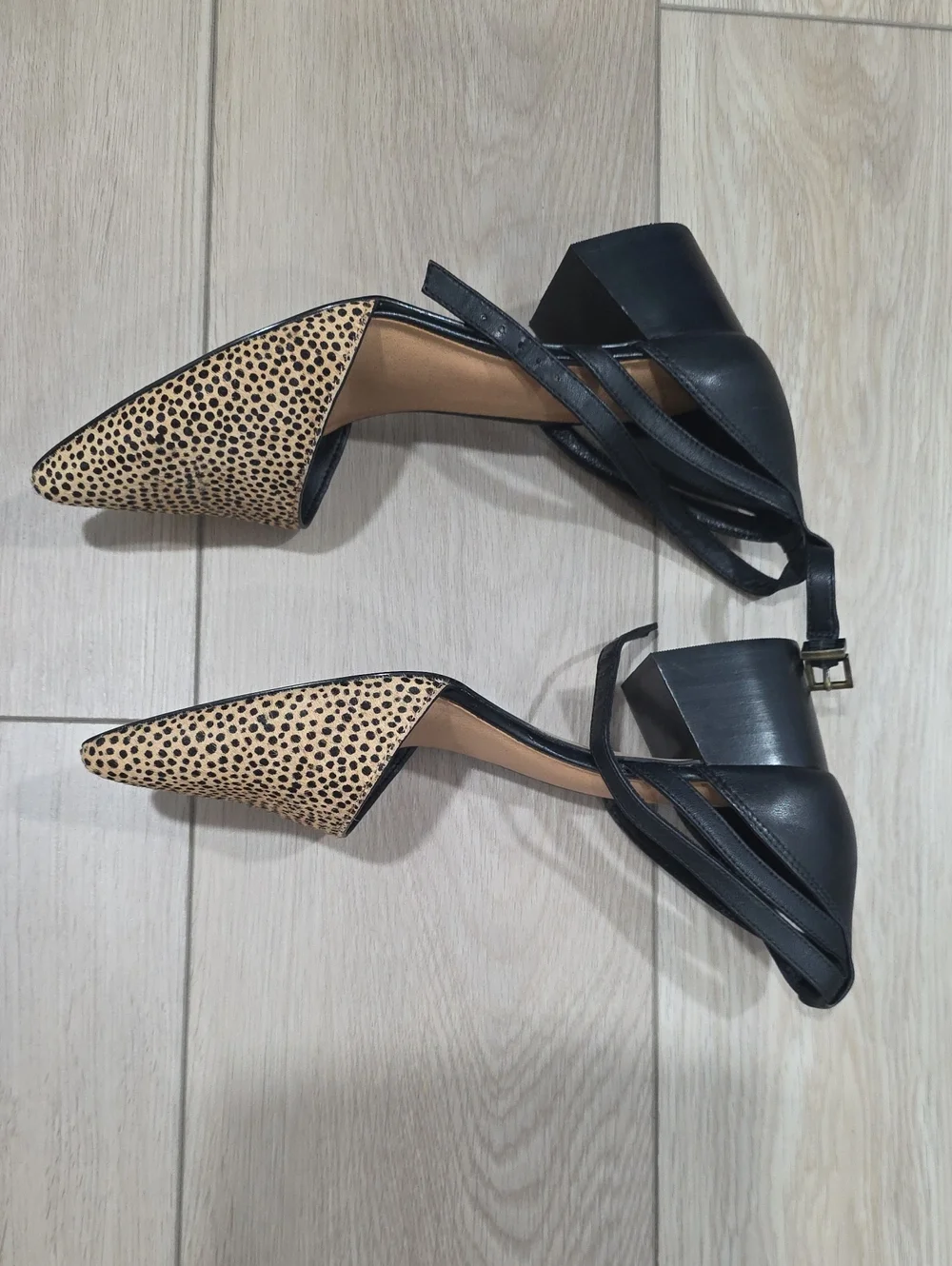 Pointed Toe D'Orsay Block Heel Shoes in Black and Leopard